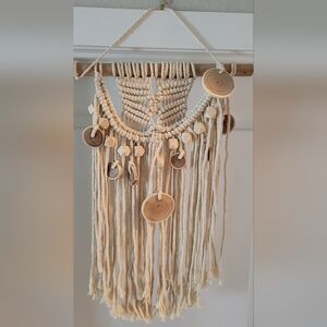 NEW MACRAME & WOOD WALL DECOR CHIC HANGING TAPESTRY BOHO IVORY 32"L WOVEN